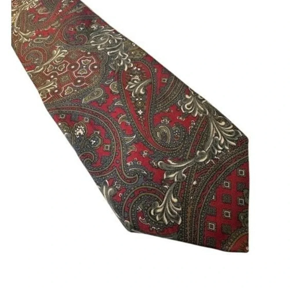 Bill Blass Mens Silk‎ Necktie Red Olive Green Gold Paisley Medallion Vintage Tie